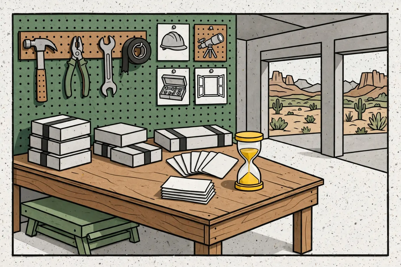 Small plain card-game boxes on a garage workbench with face-down cards, a sand timer and blank voting slips