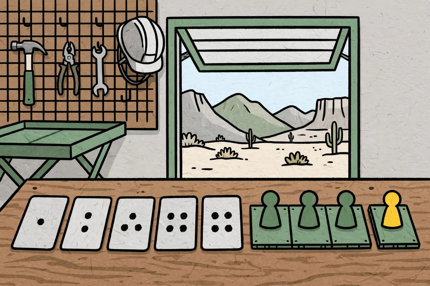 A row of plain dotted cards next to three small pawns on a strip of blank track squares