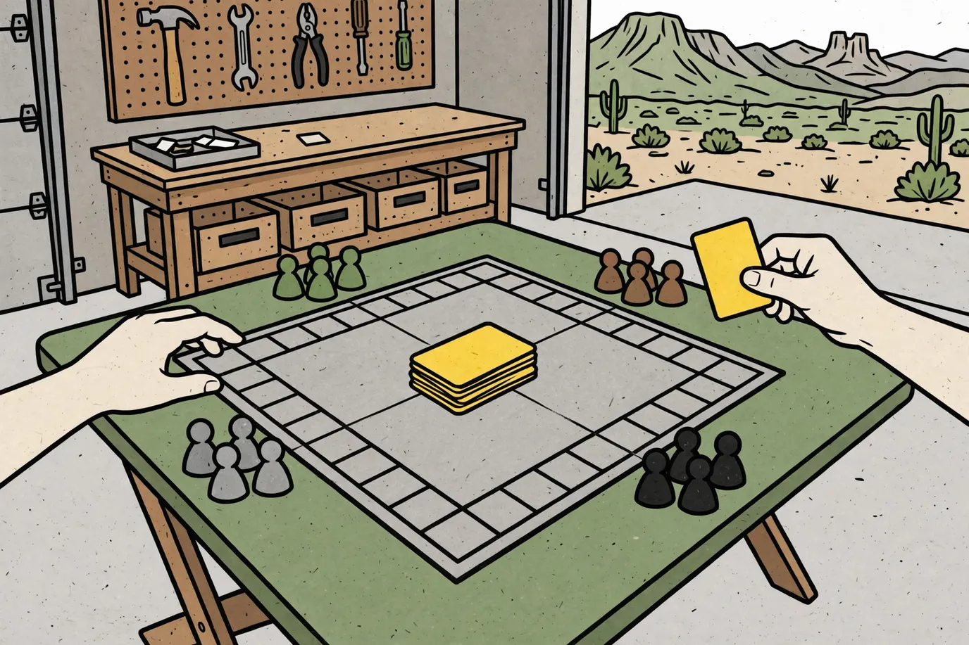 A square race-track board game with four colors of pawns and a stack of cards on a garage table