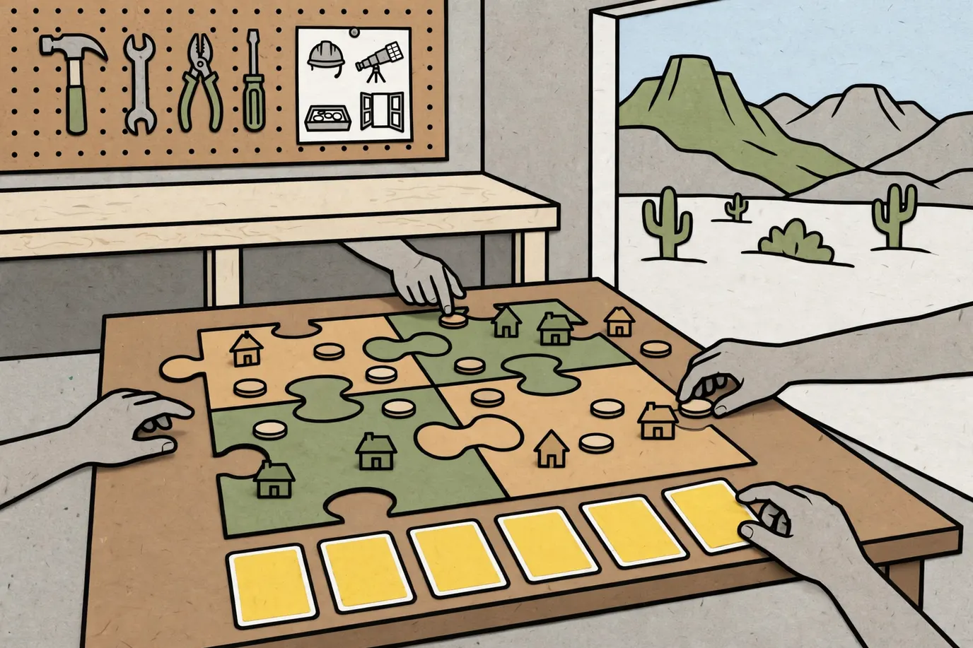 Interlocking island game boards with small wooden discs and tokens and a row of cards on a garage table
