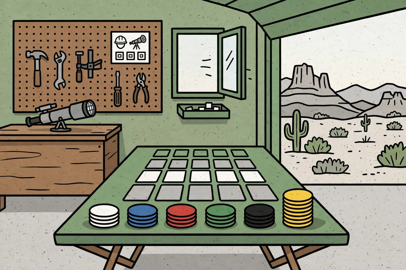 Stacks of colored round tokens beside three rows of plain cards and a line of square tiles on a garage table