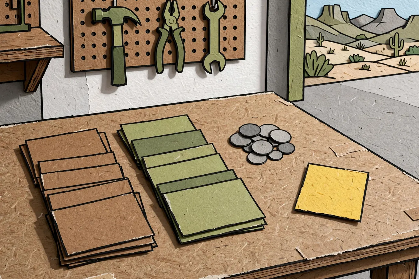 Plain cards overlapped in colored columns next to a few round tokens and one square tile