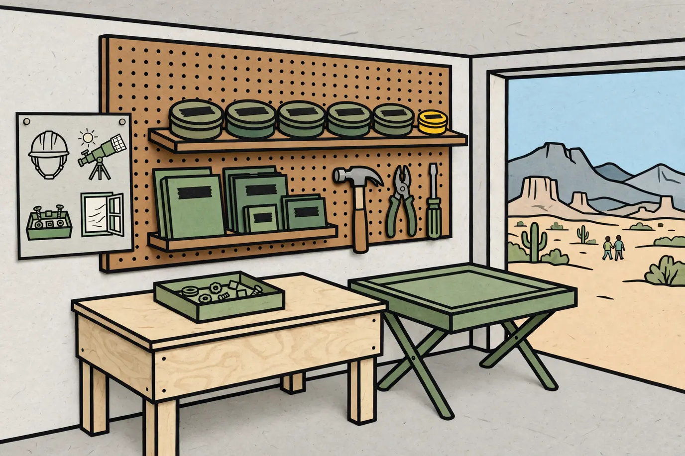 A garage shelf with a row of plain round tins and flat card packs of different sizes
