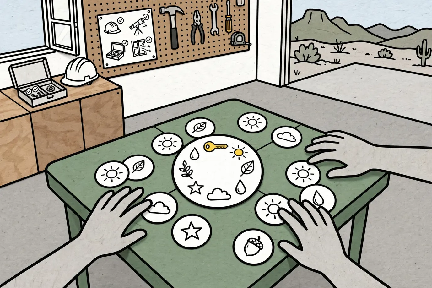 Hands reaching toward a round card covered in simple doodle symbols in the middle of a garage table