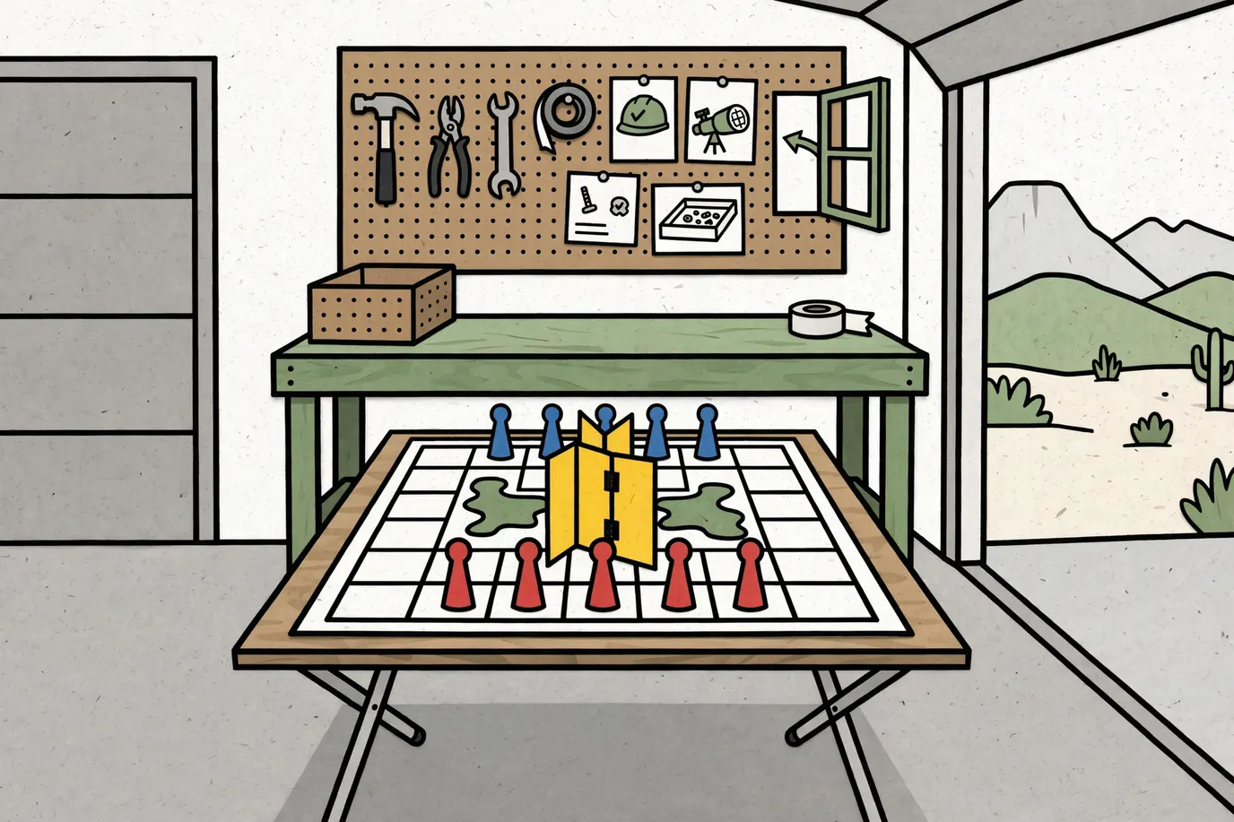 Two rows of upright red and blue game pieces facing each other on a grid board with a folding screen between them