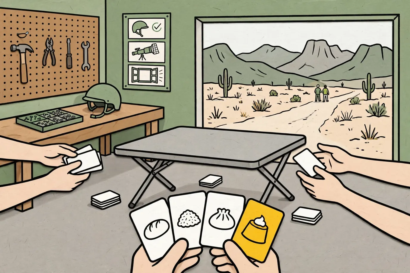 Hands passing a stack of plain food-picture cards around a garage game table, with face-down picks in front of each seat