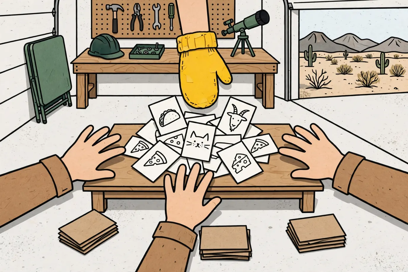 Four hands slapping a pile of simple food-and-animal picture cards in the middle of a low table