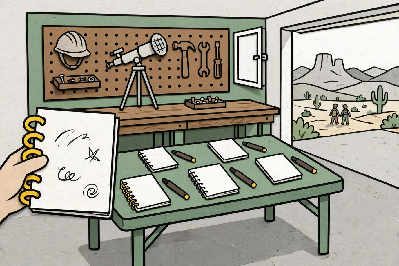 Small spiral sketchbooks and dry-erase markers on a garage table, with hands passing an open book to the left