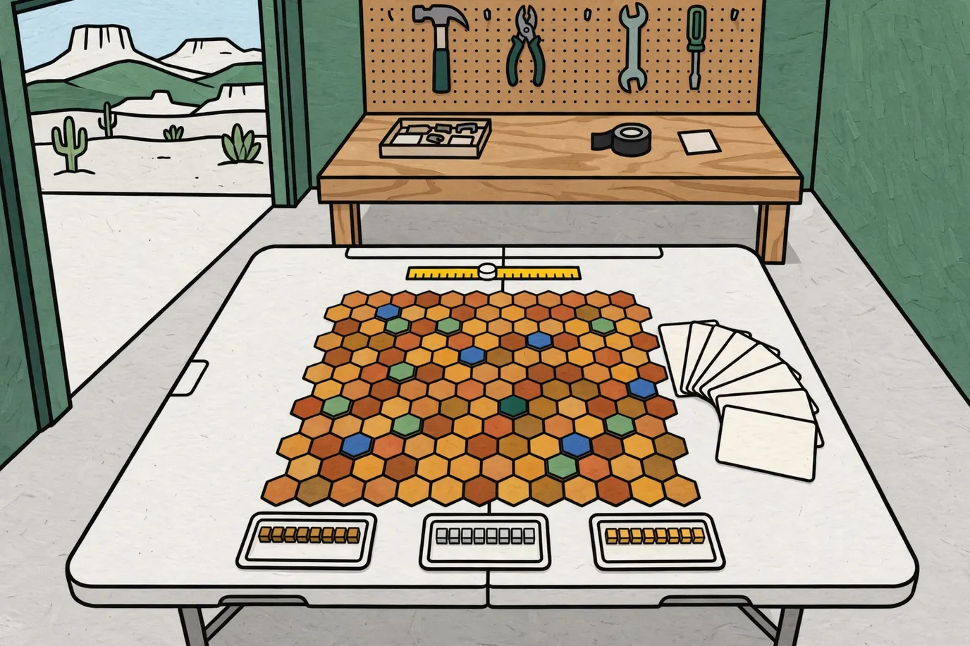 A rust-colored hex map with small blue and green tiles, cube-covered player trays and cards on a garage table