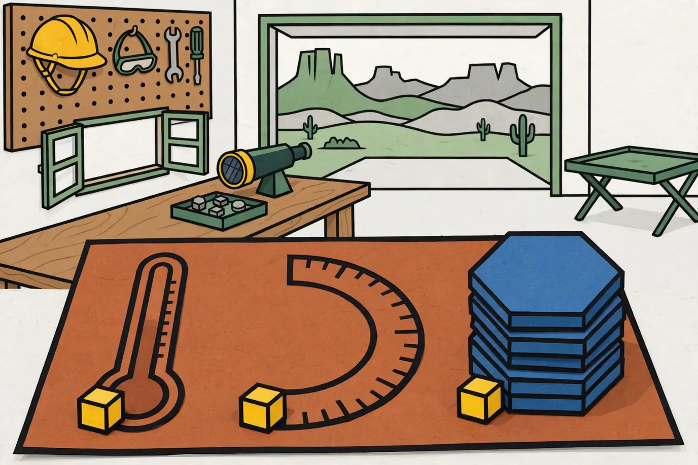 Three plain progress tracks on the edge of a rust-colored board, with marker cubes at the start and a stack of blue tiles