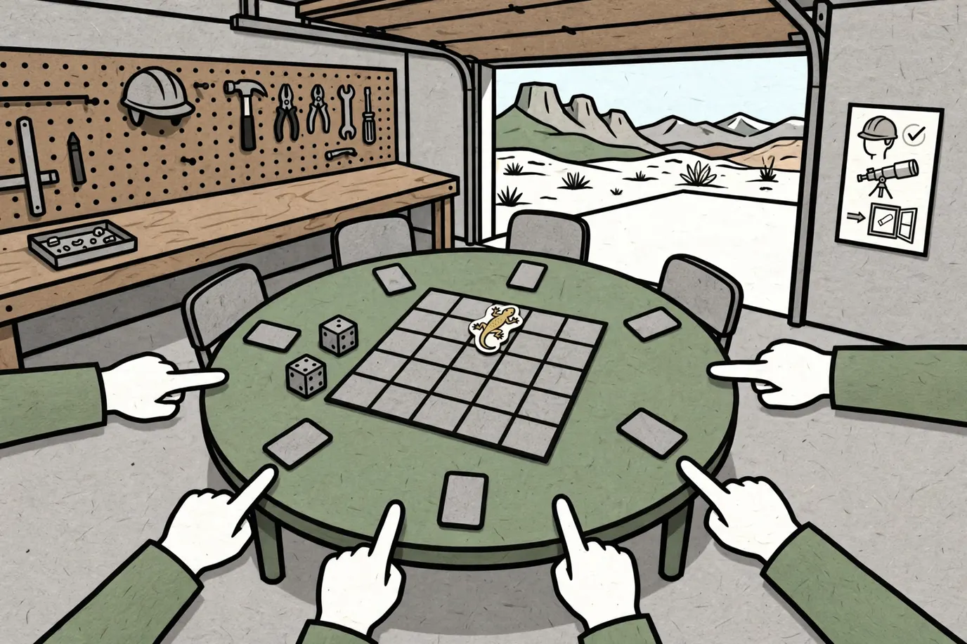 Hands pointing across a garage table at one seat, with a blank grid card and two dice in the middle