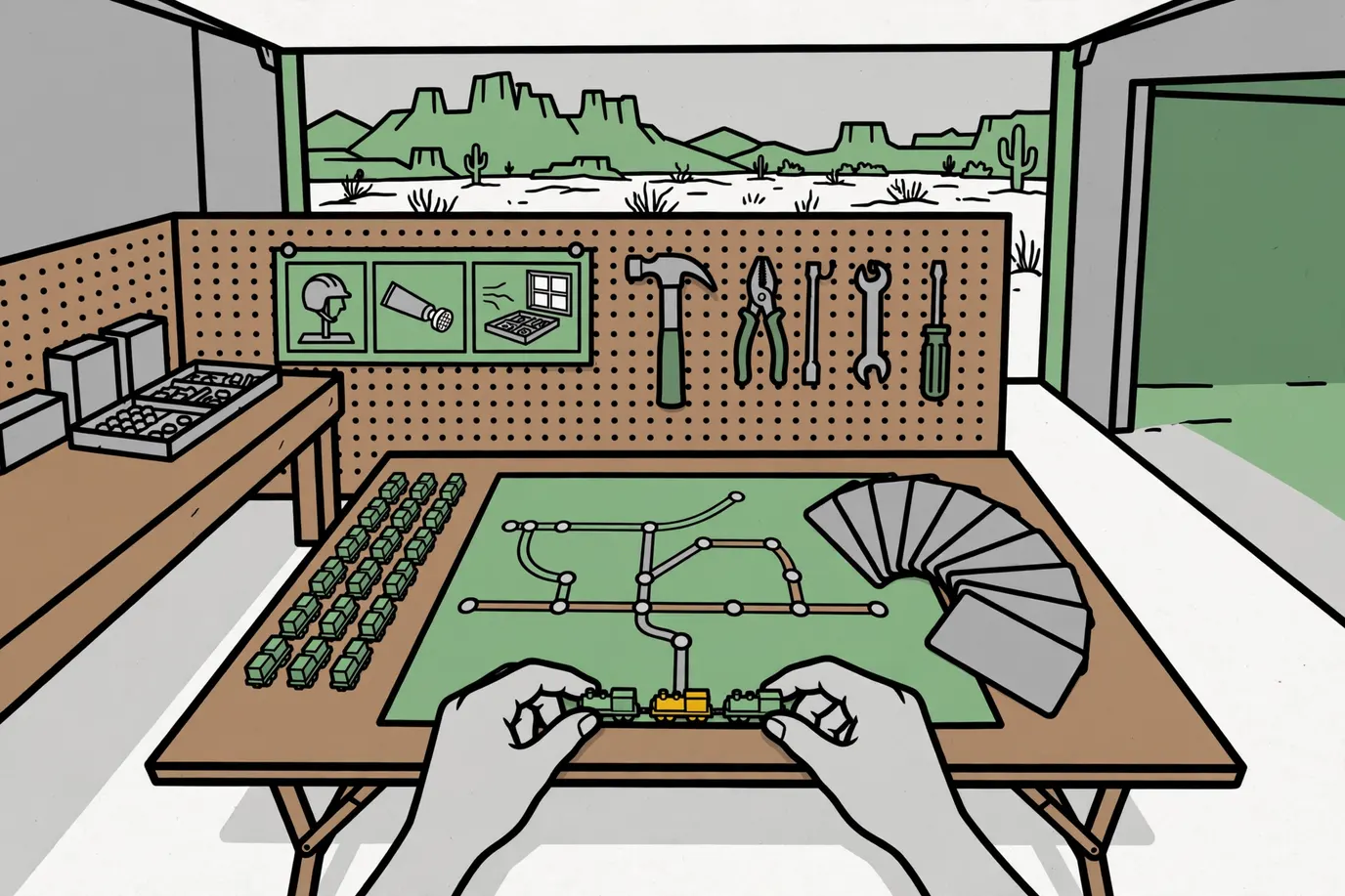 Hands placing small plastic trains along a colored route on a plain map board on a garage table