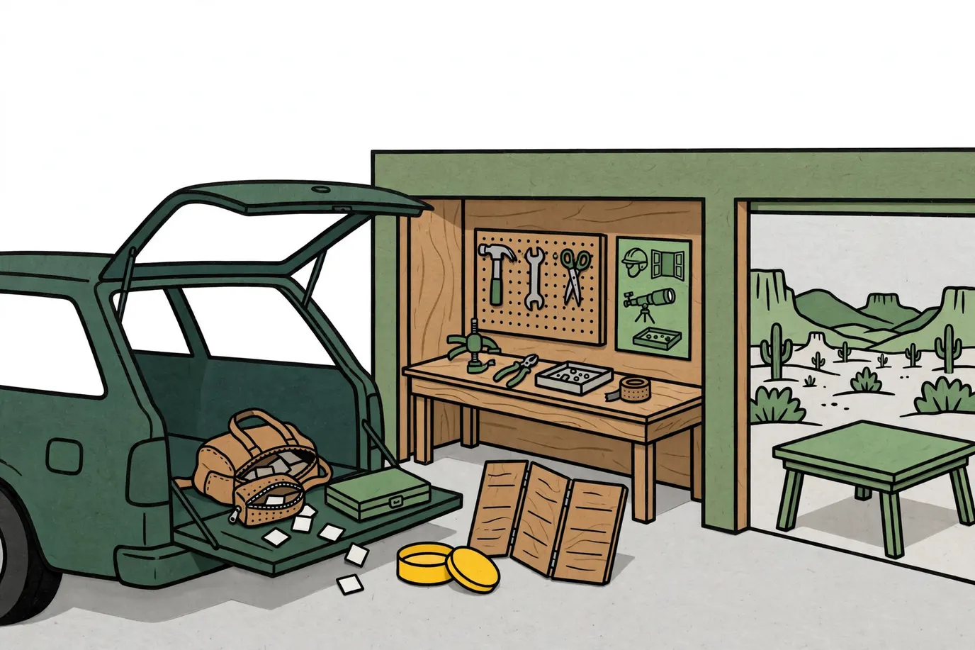 A small travel bag on a car tailgate holding a tile pouch, a latched game case, a tin and a folding wooden board