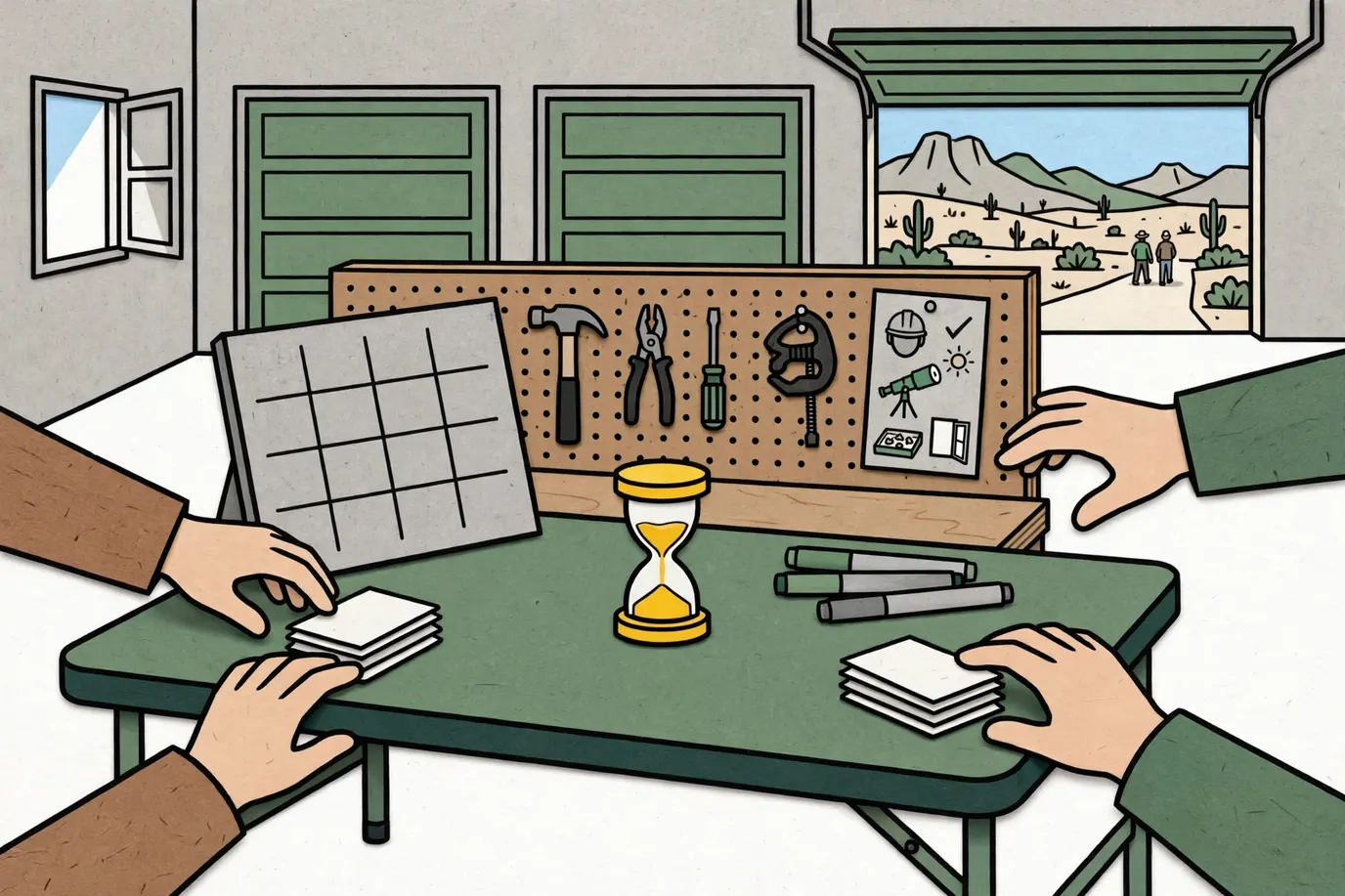 Question cards, a sand timer, a blank dry-erase board and markers on a garage table with hands reaching in