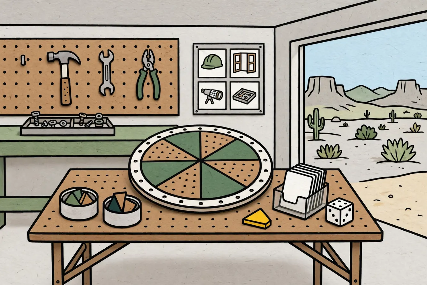 A wheel-shaped trivia board with round movers, colored wedge pieces, a card holder and a die on a garage table
