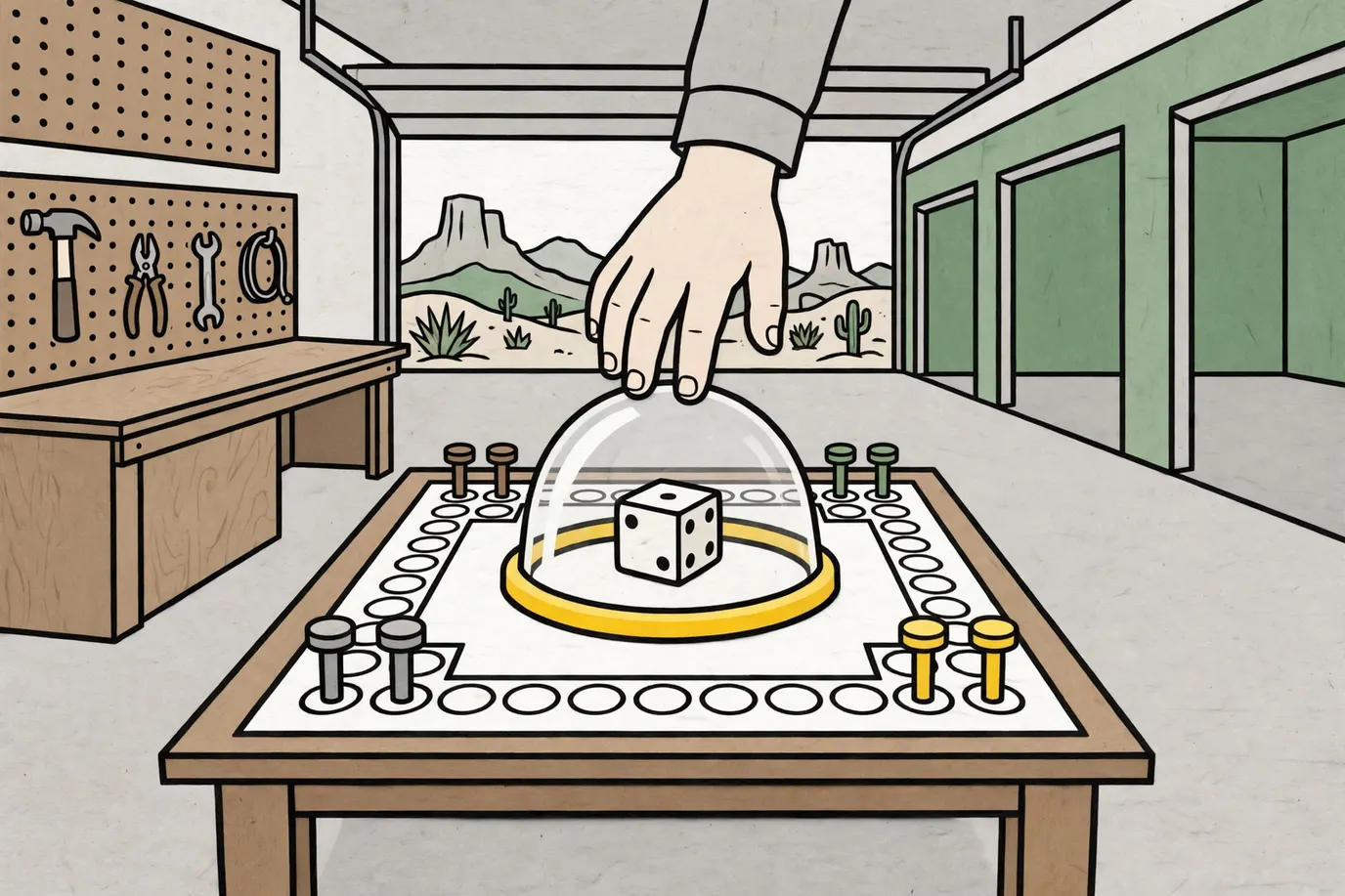 A child's hand pressing a clear dice dome in the middle of a peg race board on a garage table