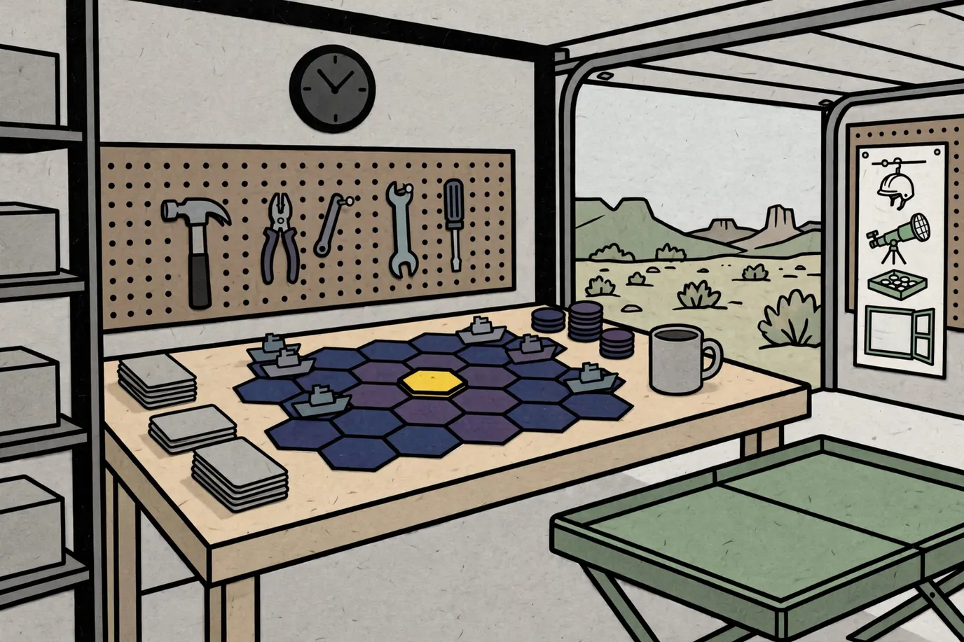 A big map of hexagon tiles with small plastic ships, cards and tokens spread across a garage workbench