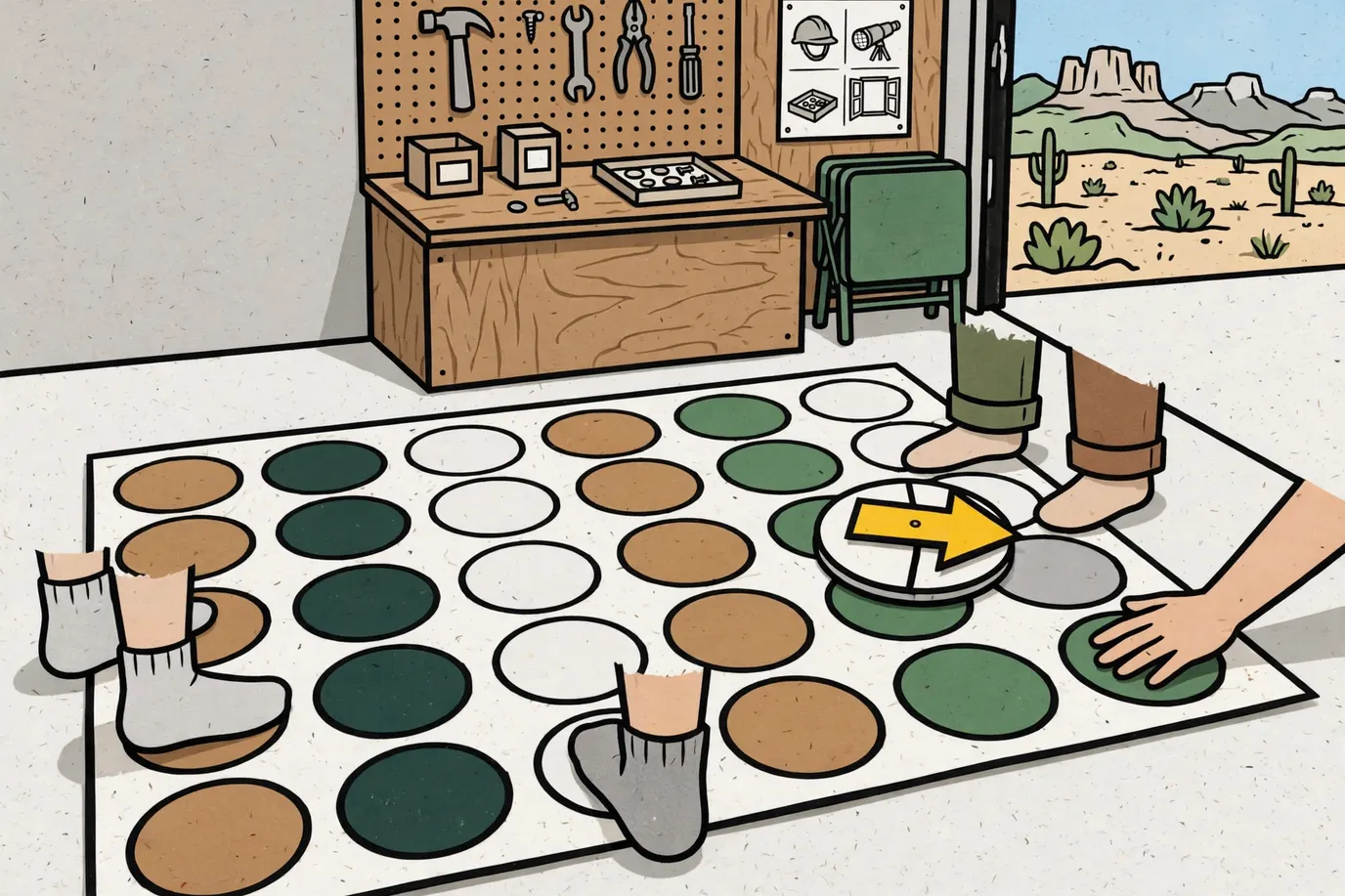 A floor mat with rows of colored circles in a garage, a spinner at the edge and sock feet placed on the circles