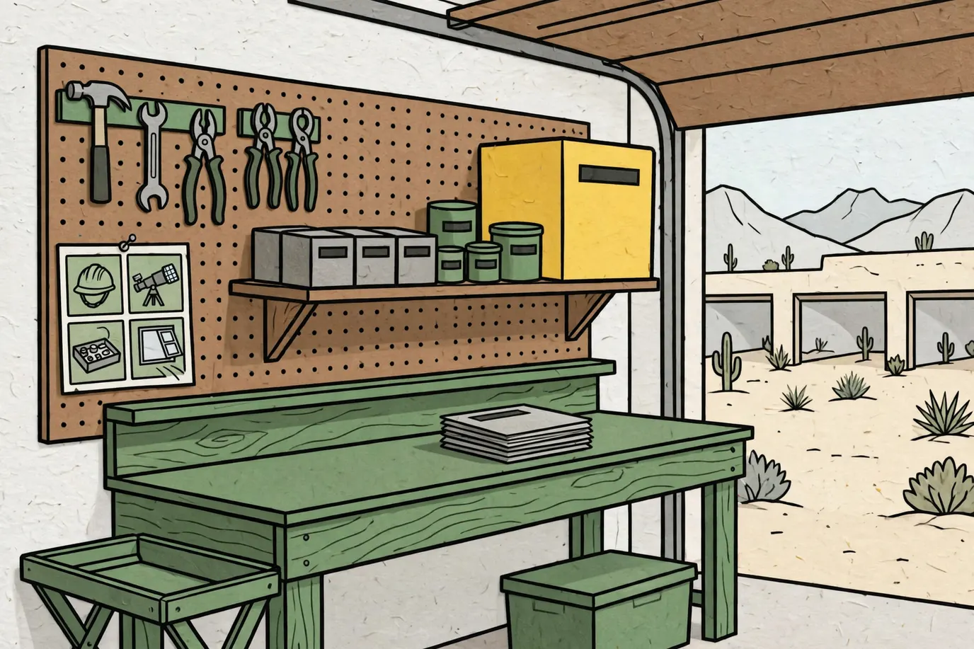 A garage shelf with card boxes and tins of different sizes, one box much larger than the others