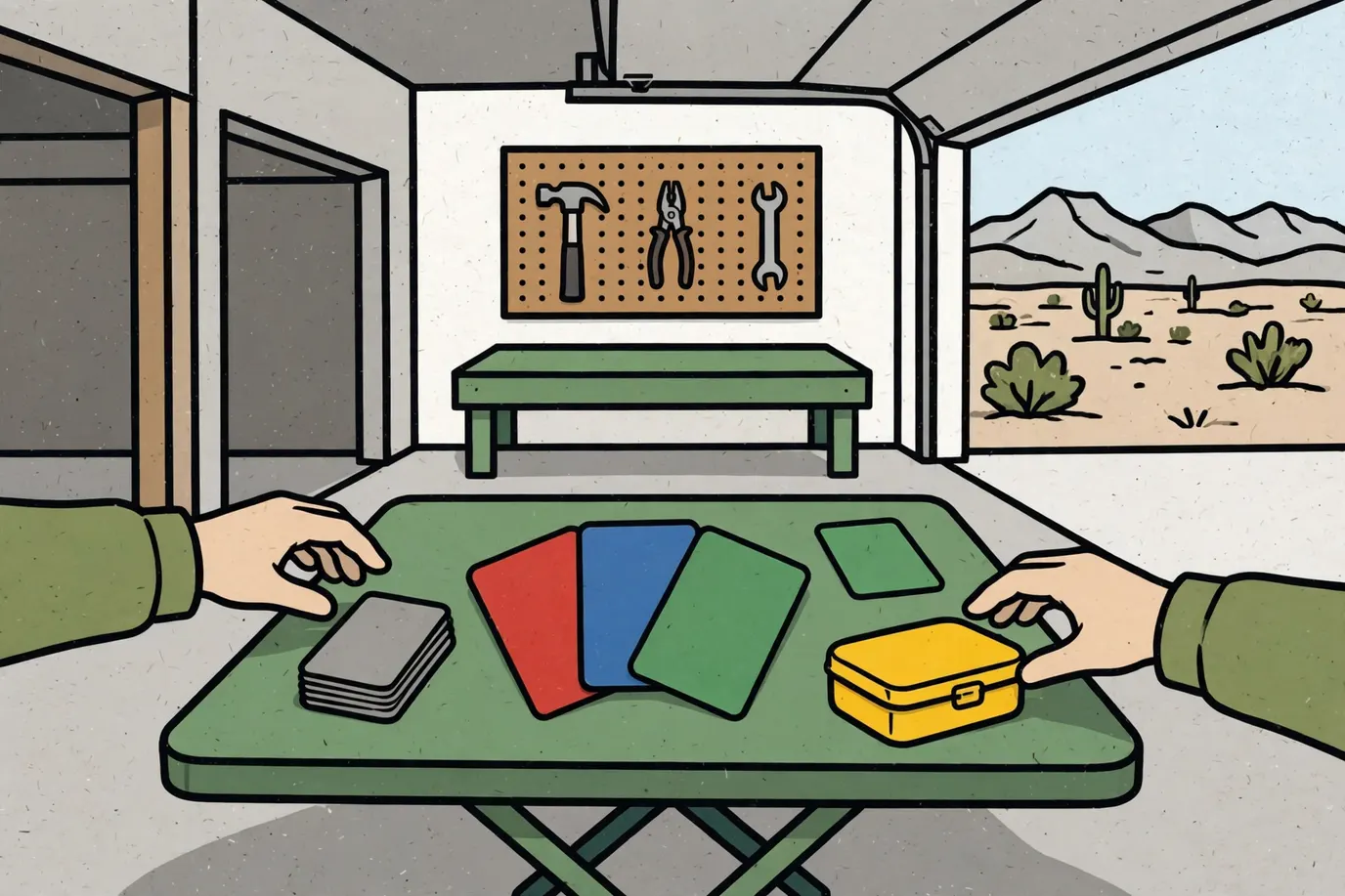 A fanned hand of plain colored cards, a draw pile and a discard pile on a garage folding table next to a small tin