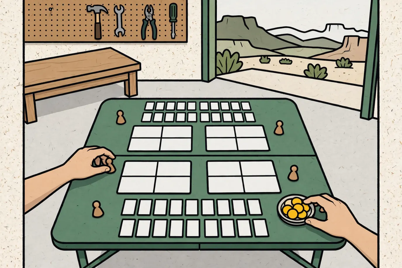 Plain player boards with blank cards above and below, wooden movers and a dish of tokens on a garage card table