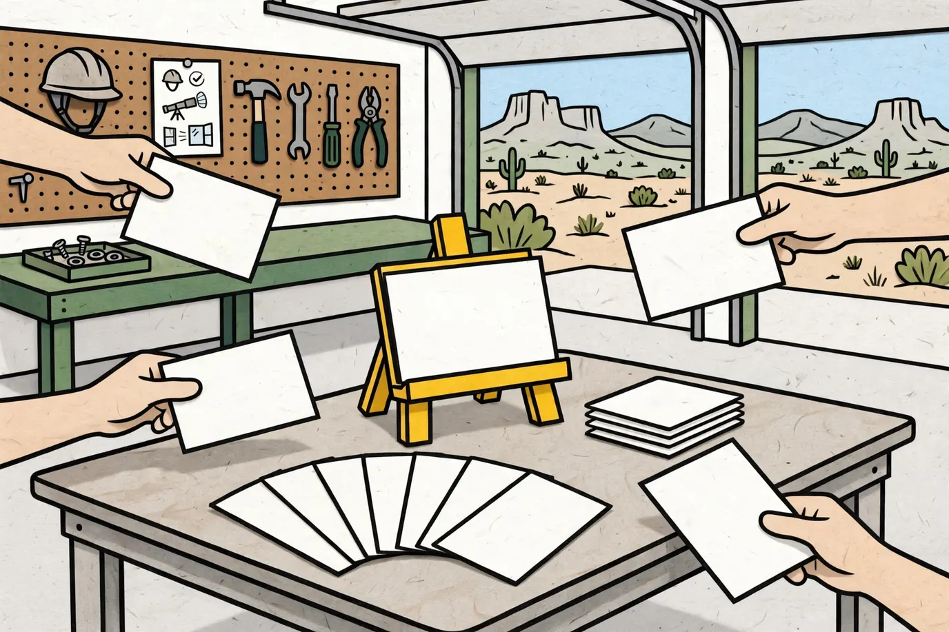 A small card easel holding a blank card on a folding table, with face-down caption cards being passed toward it