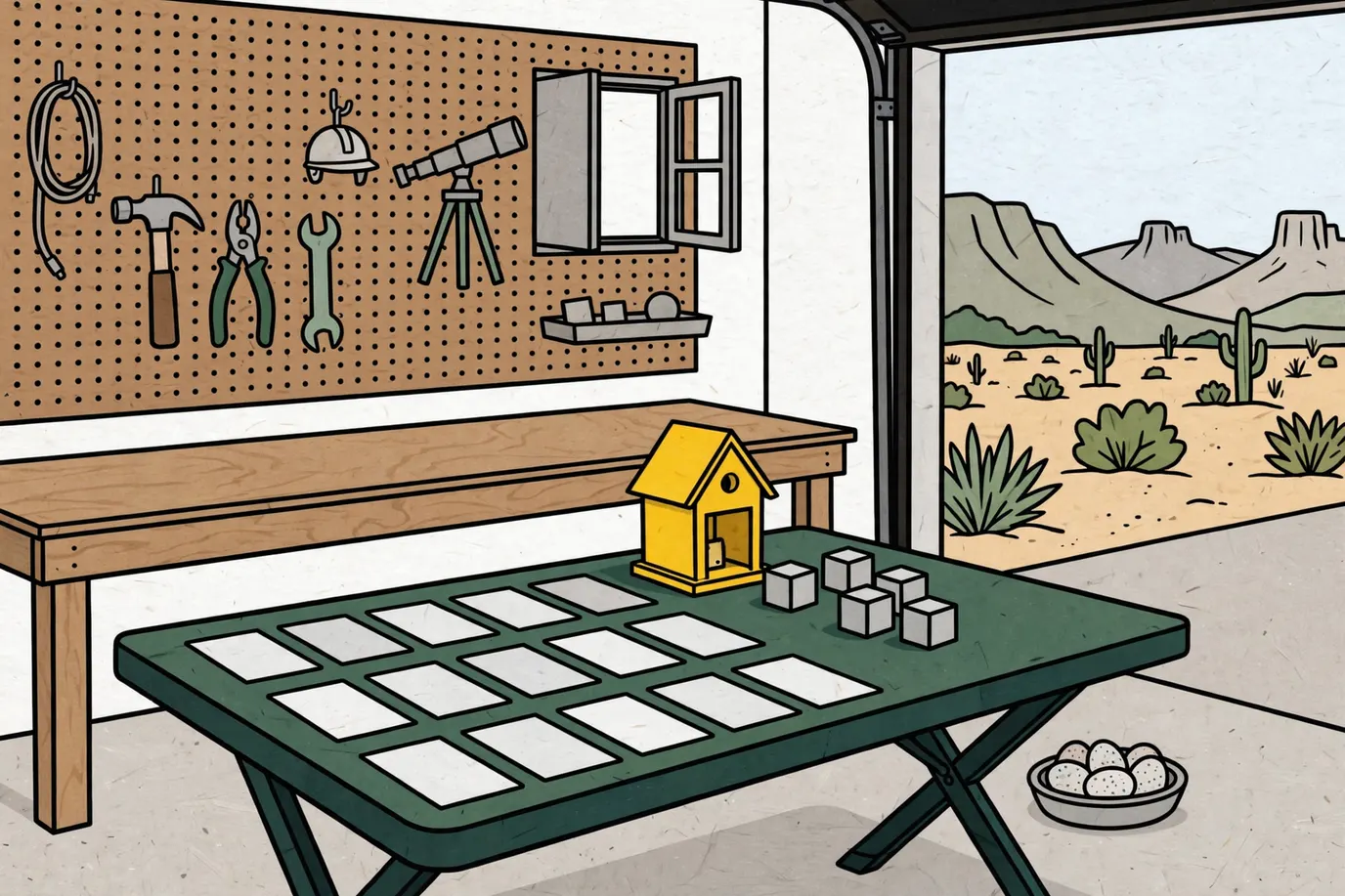 A birdhouse-shaped dice tower, rolled dice, three rows of blank cards and a dish of small speckled eggs on a garage table