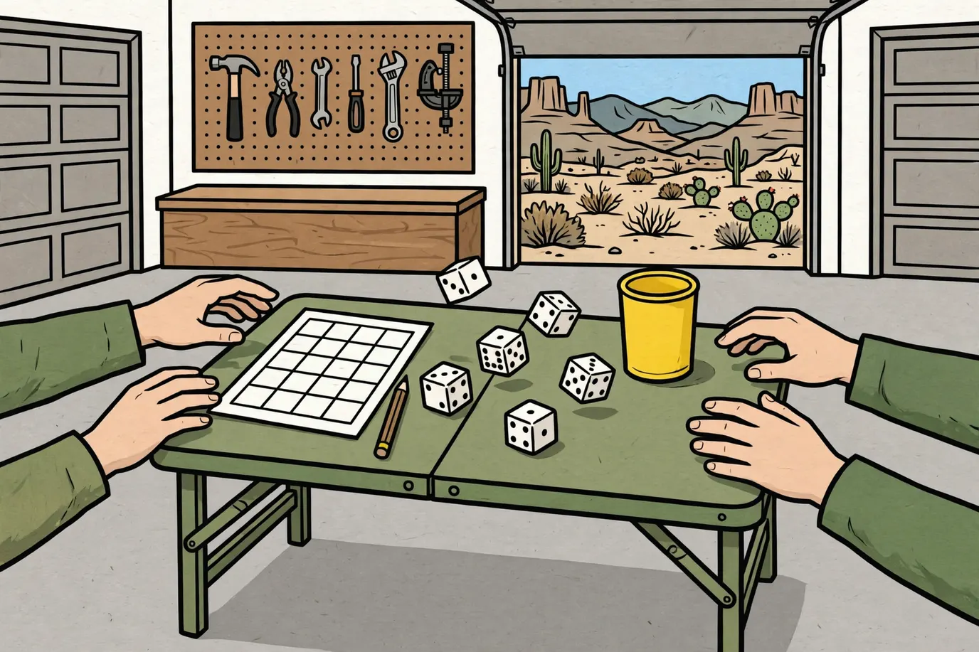 Five dice tumbling across a folding table next to a dice cup and a blank score pad in a sunny garage