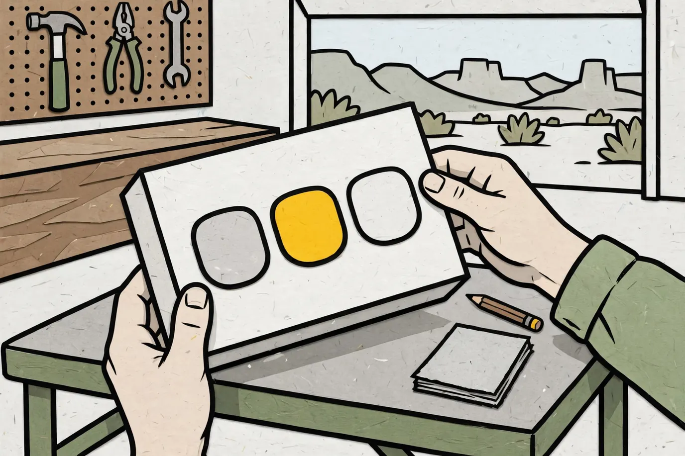 Hands turning a plain game box on a folding table to read the three icon badges on its side panel