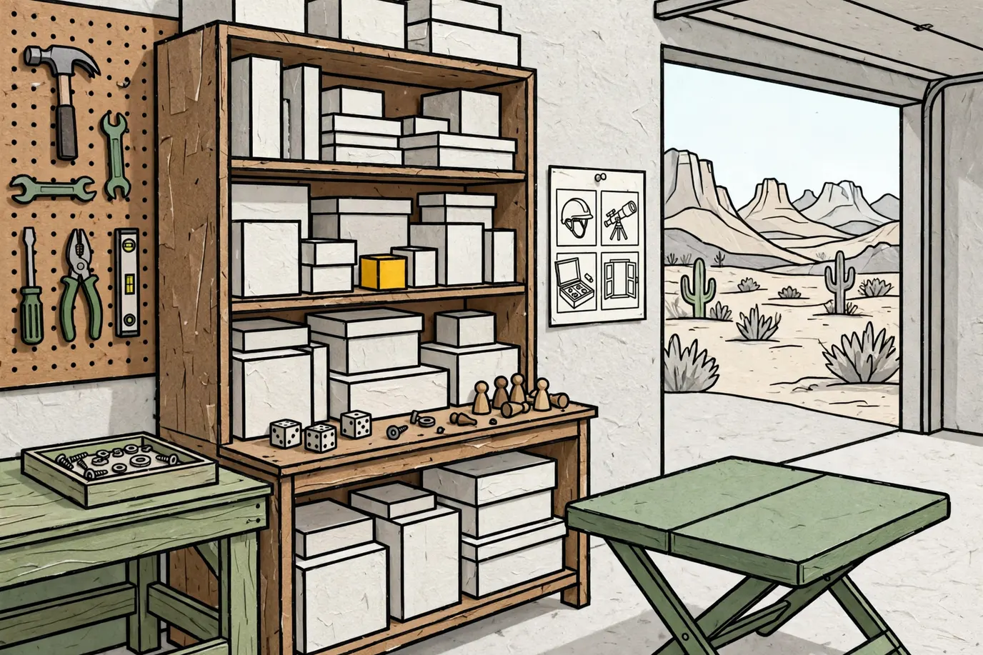 A garage shelf packed with plain game boxes of different sizes, with dice and wooden pawns on the front edge