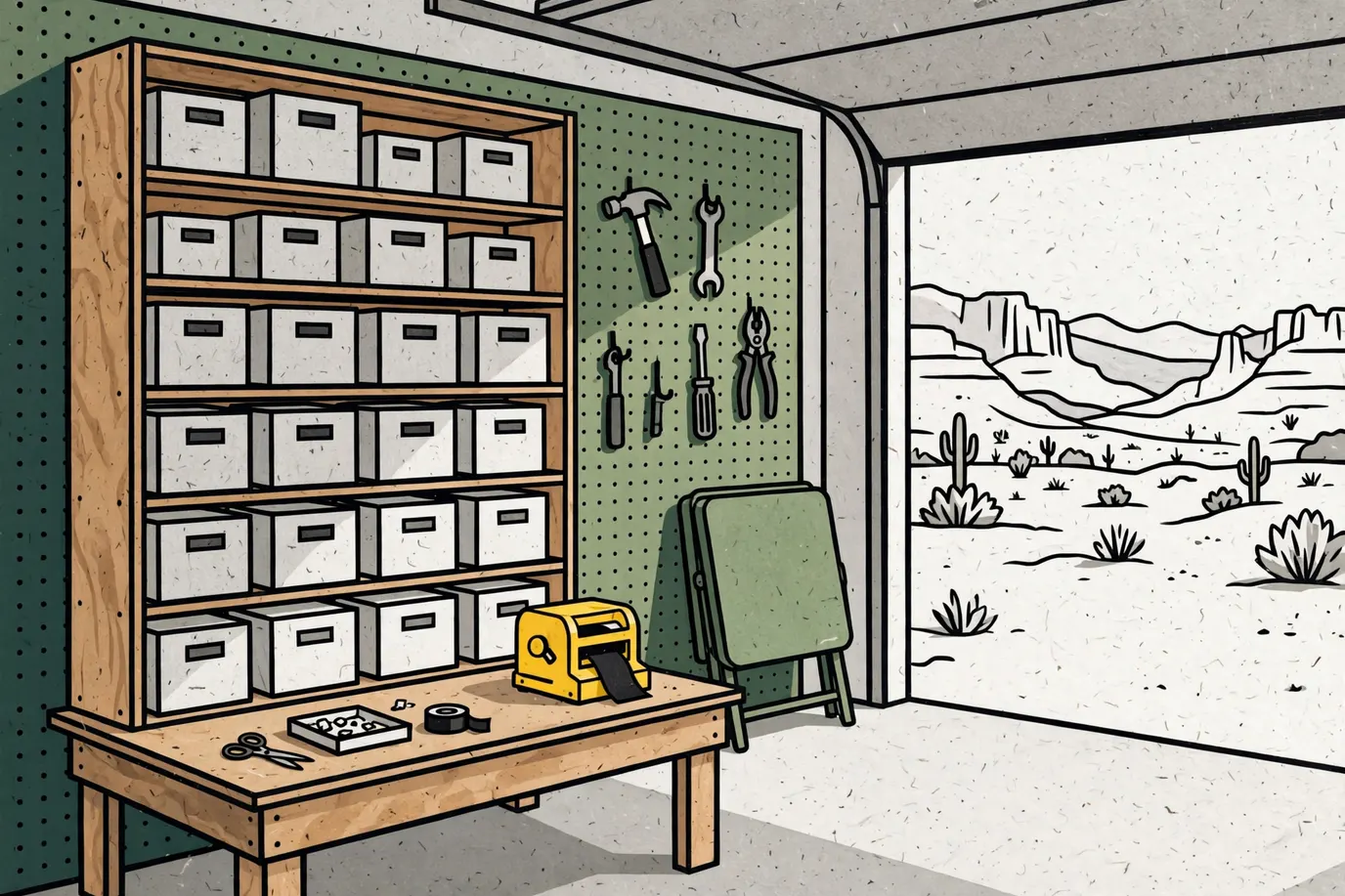 Garage shelf with six rows of plain cardboard boxes, each with a blank label, and a label maker on the workbench below