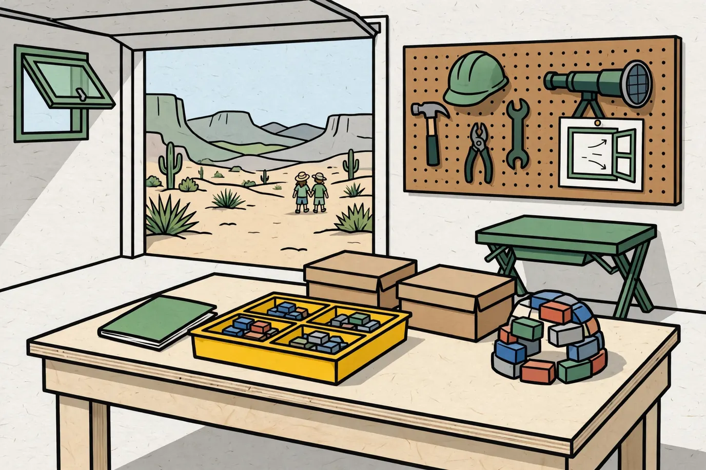 Workbench in a garage with a sorting tray of building bricks, a blank instruction booklet, two plain boxes and a half-built brick shape.