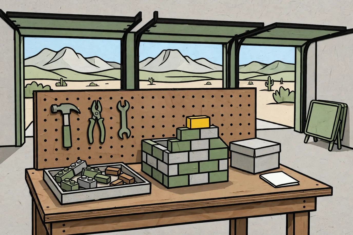 Workbench with a tray of loose building bricks, a half-built brick house, a closed box and an instruction booklet.