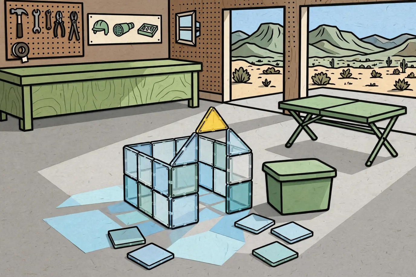 A small house of see-through square and triangle magnetic tiles on a garage floor, casting colored light, with loose tiles and a lidded bin.