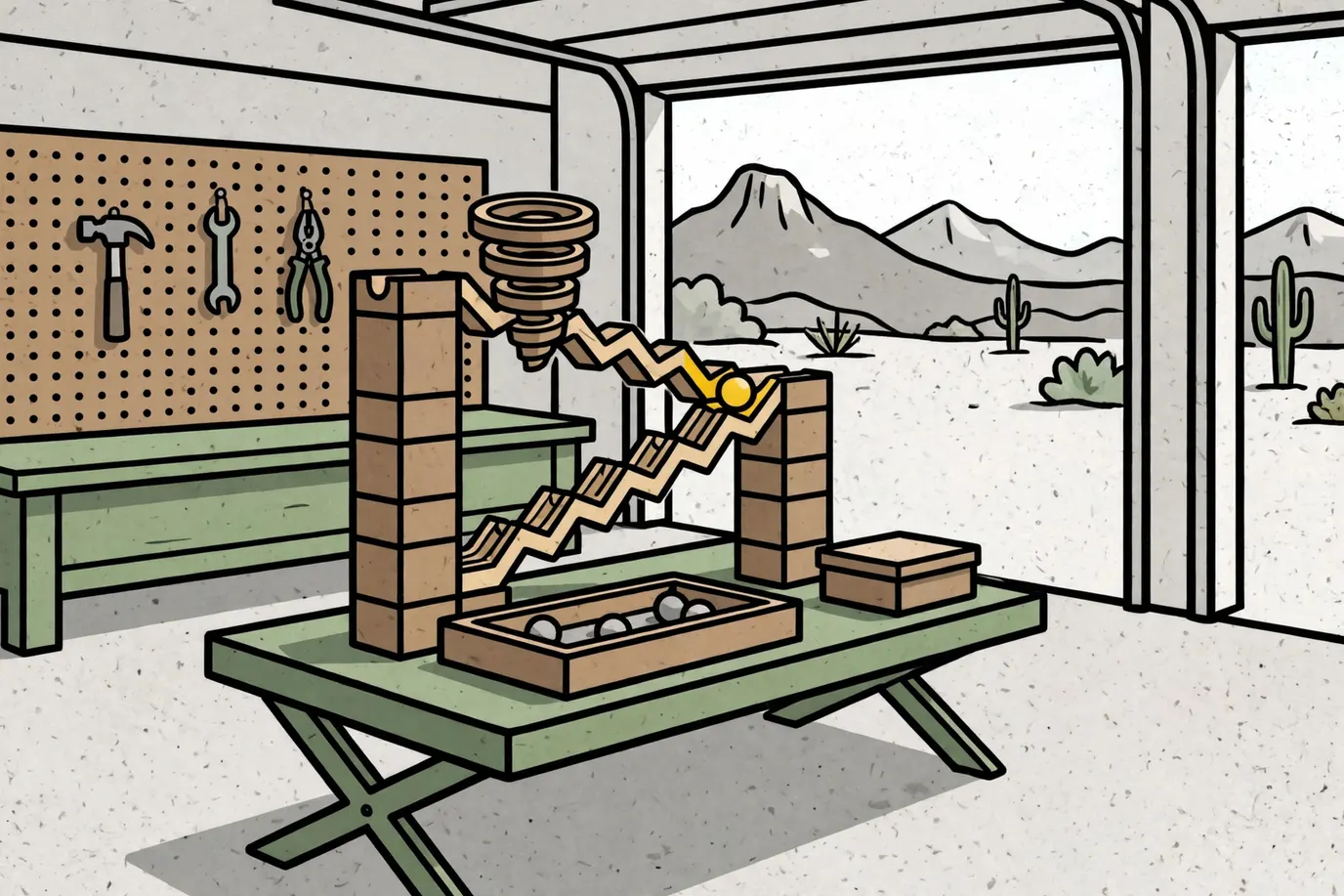 A wooden marble run of block towers, rails and a spiral funnel on a garage table, with marbles in a tray and a closed parts box.