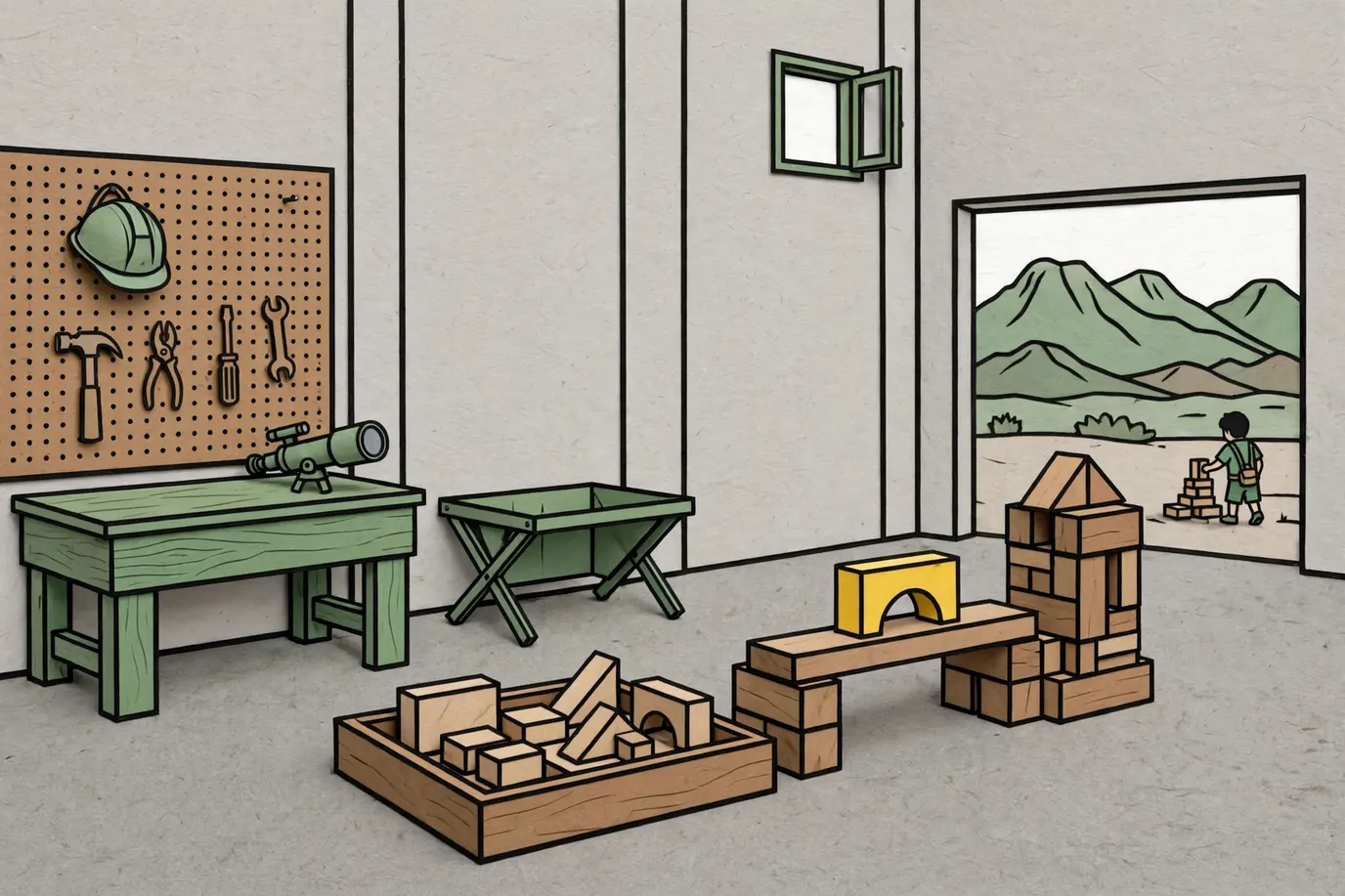 Plain wooden unit blocks in an open tray on a garage floor beside a small block bridge and tower, with a small child stacking in the distance.