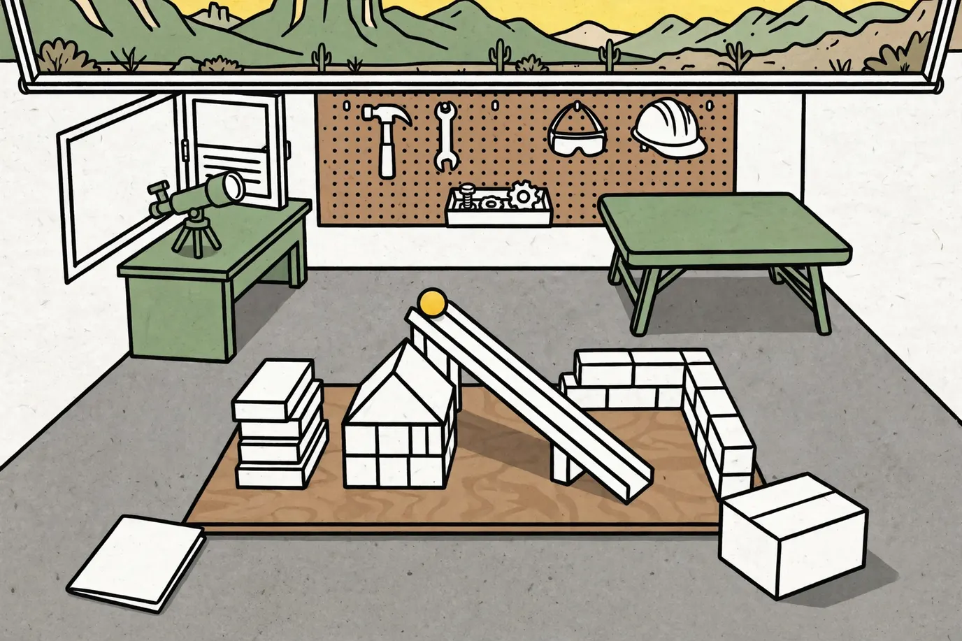 Garage floor with four small builds side by side: wooden blocks, a house of flat tiles, a marble track ramp and a wall of building bricks.