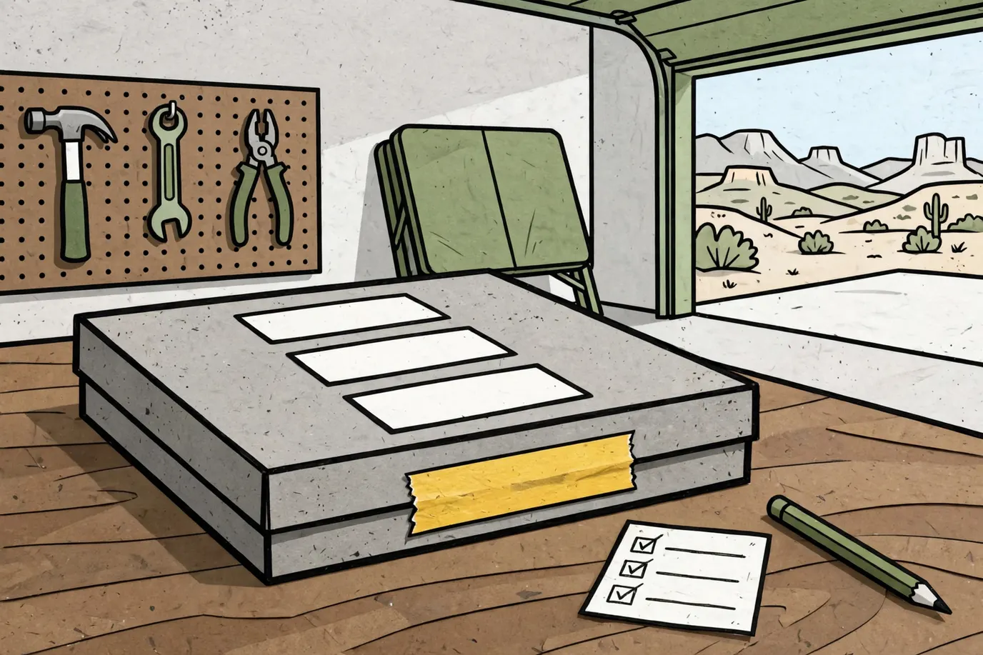 A plain figure box on a workbench with blank sticker shapes and a seal strip, next to a short checklist card and a pencil.