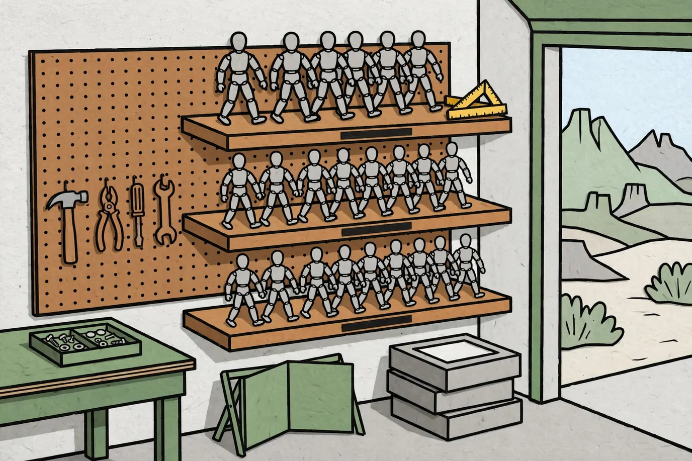 Garage shelves with rows of generic jointed action figures, blank shelf labels, a stack of empty boxes and a folding ruler on the top shelf.