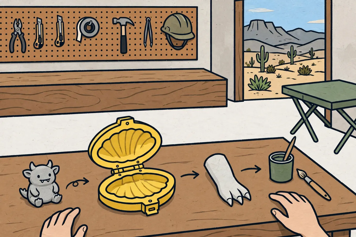 A wax sculpt, an open metal mold, a hollow unpainted vinyl part and a paint cup laid out in order on a workbench.
