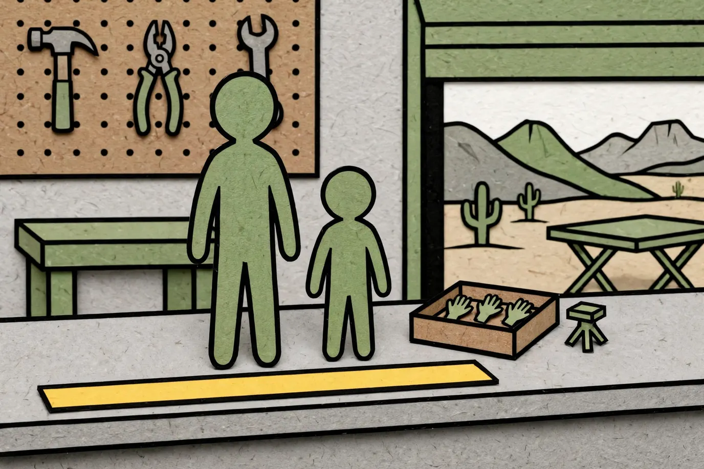 Two generic figures of different sizes side by side on a shelf above a wooden ruler, with a small tray of spare parts.