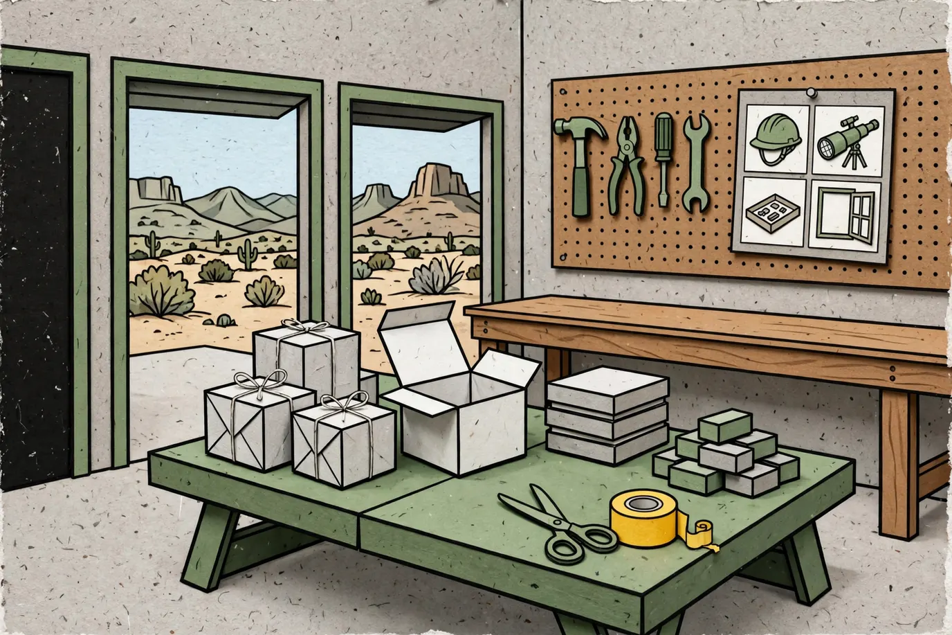 Folding table in a garage with wrapped gift boxes, card game boxes, building bricks, a roll of tape and scissors.