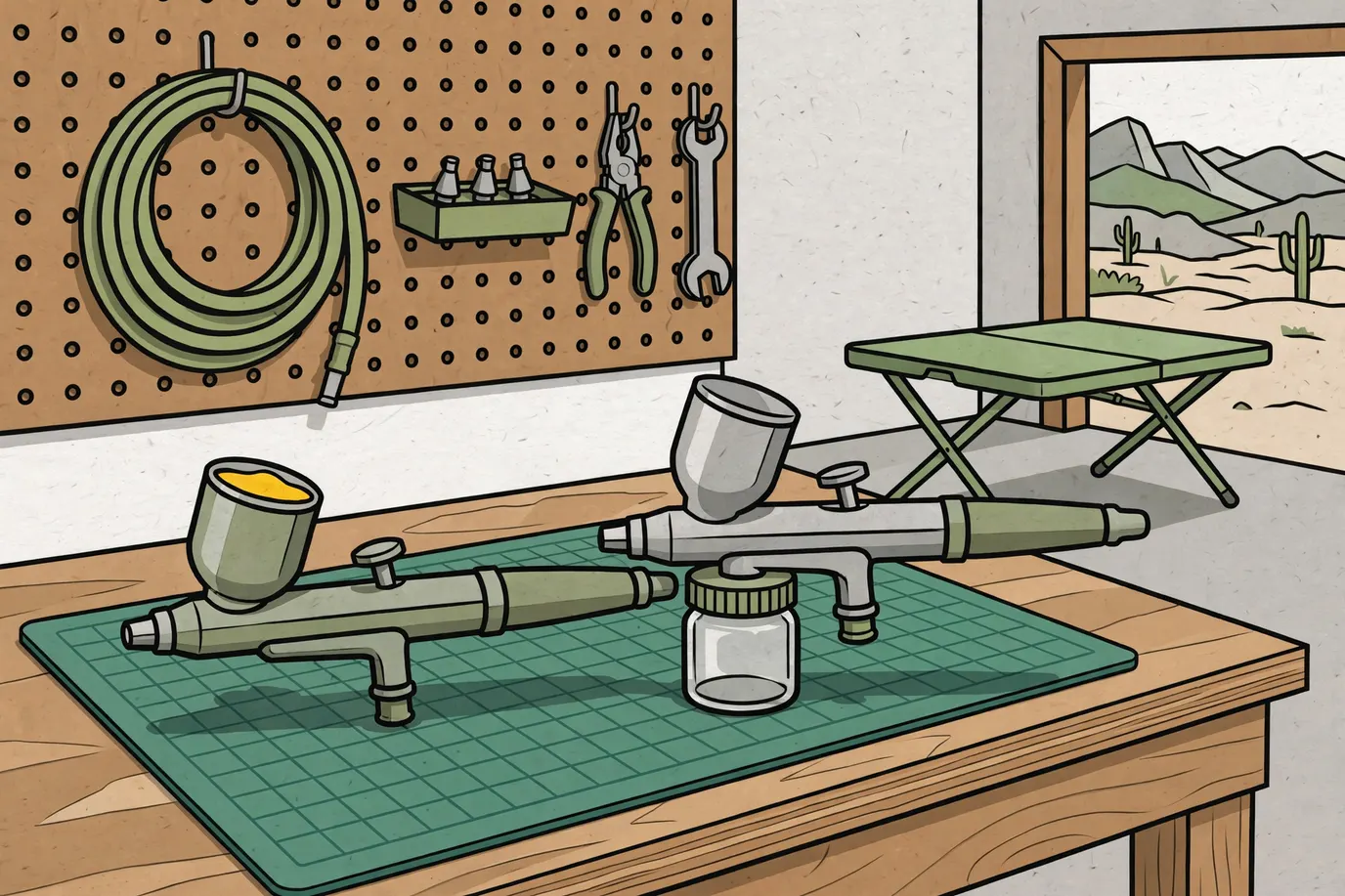 Two airbrushes side by side: one with a paint cup on top, one with a glass jar underneath, on a cutting mat.