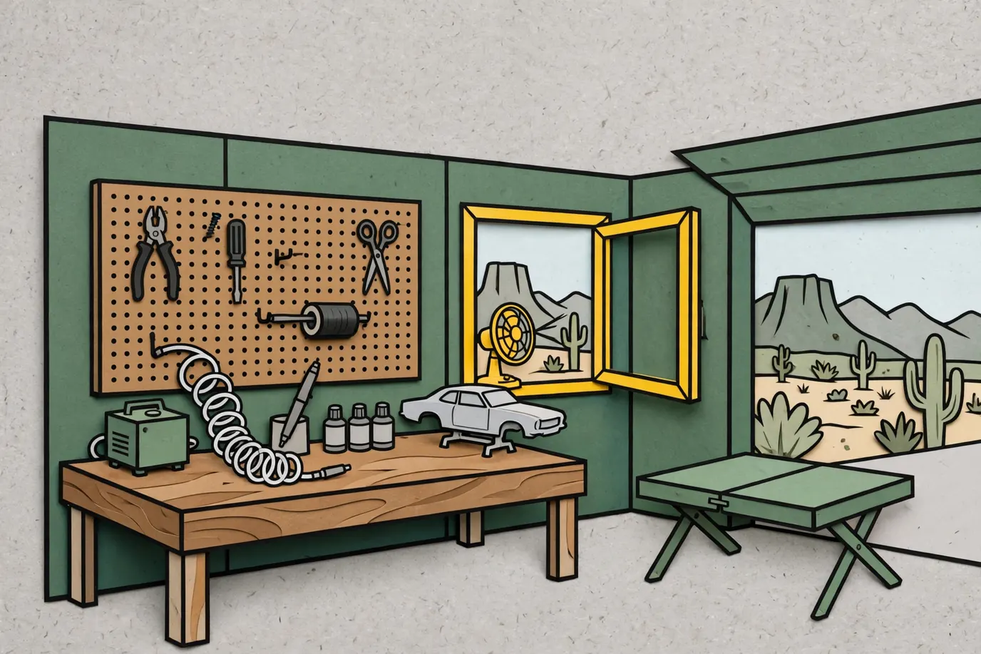 Workbench with an airbrush in a holder, a hose to a small compressor, paint bottles and a model car body next to an open window.