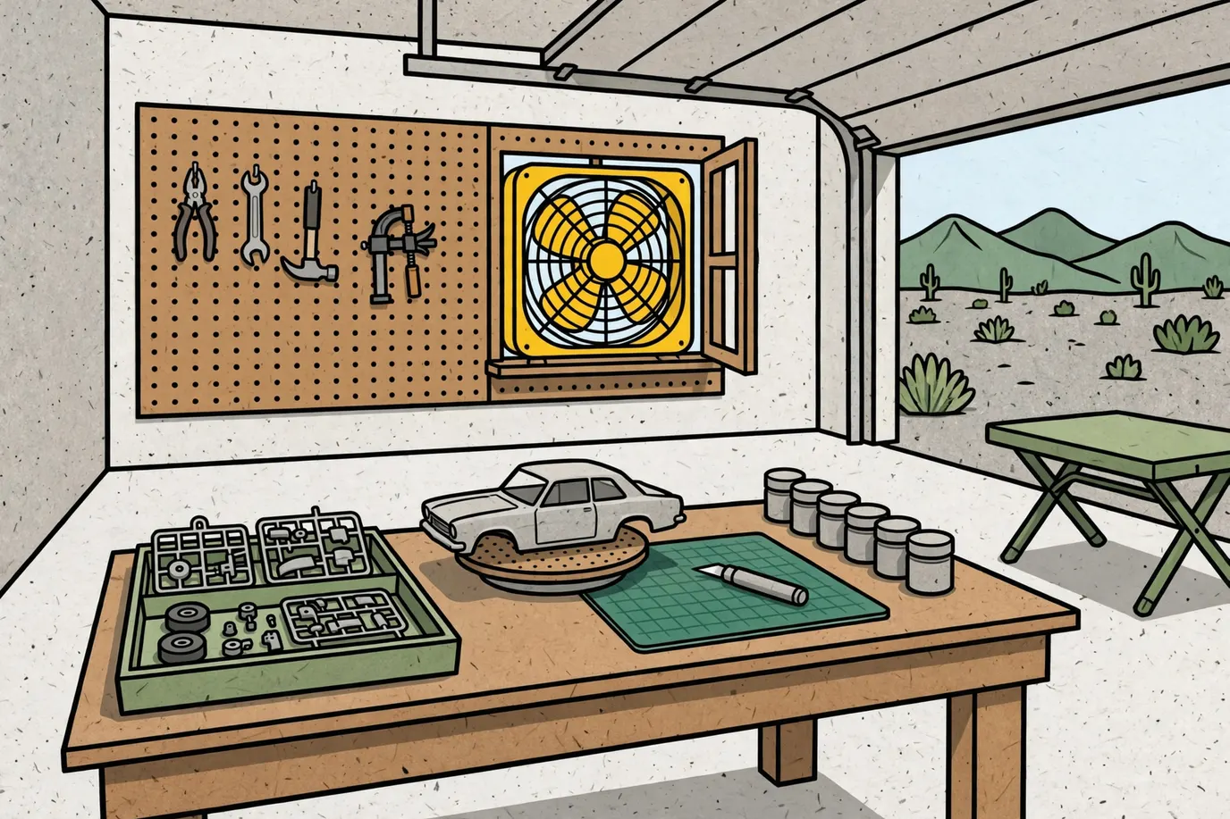 Garage workbench with an unpainted model car body, a parts tray, a capped hobby knife on a cutting mat, paint jars and a fan in the open window.
