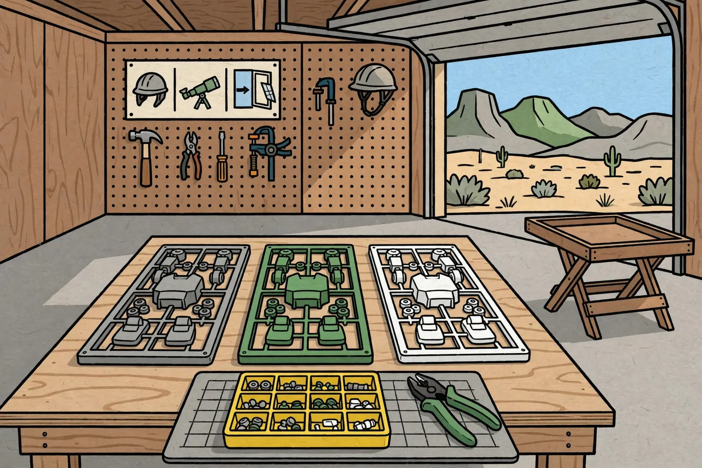 Workbench with three plastic model-kit runners of generic robot parts, a compartment parts tray, a cutting mat and side cutters.