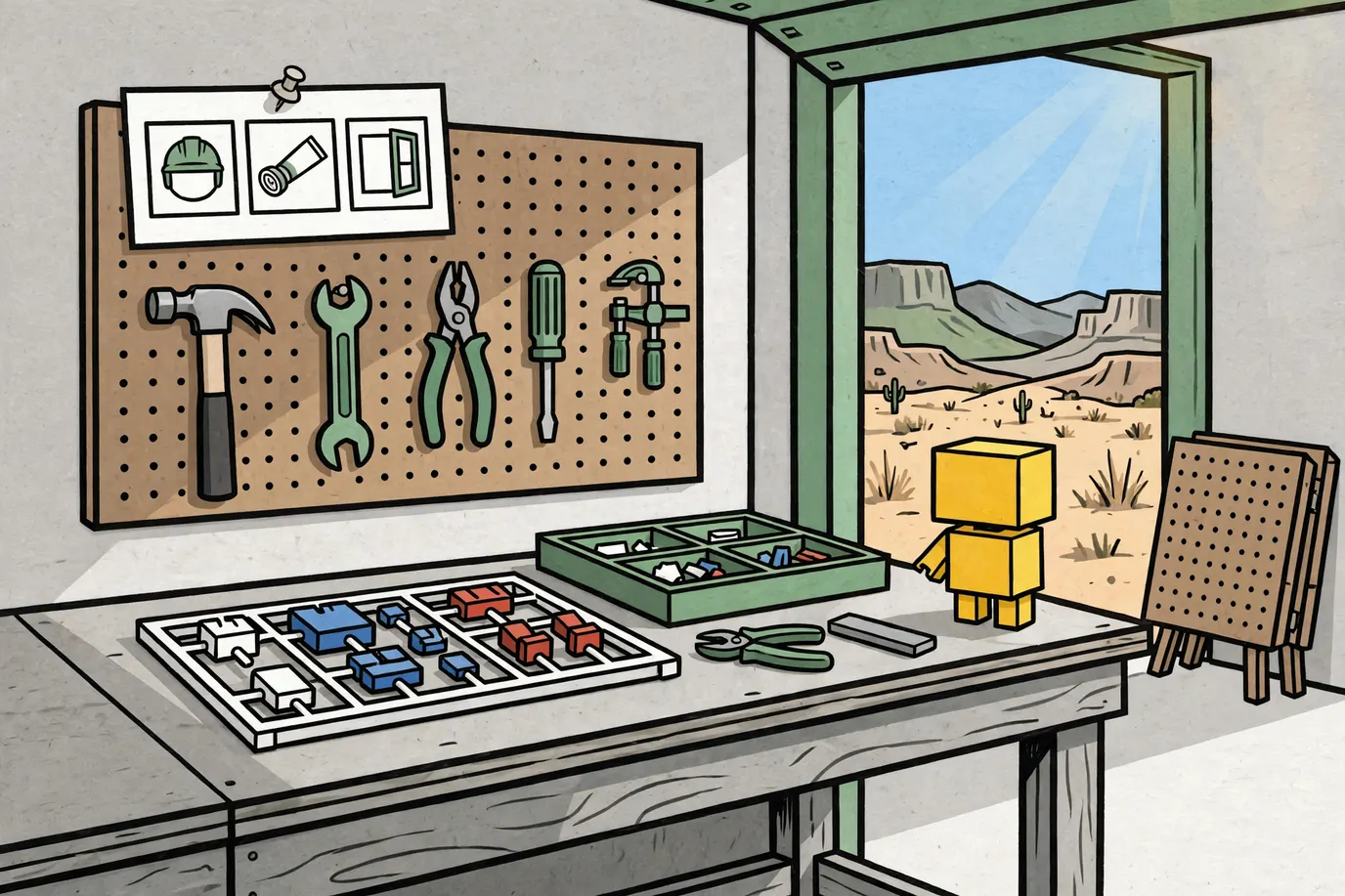 Workbench with a plastic runner of generic robot parts, a half-built robot model, side cutters, a sanding stick and a parts tray.