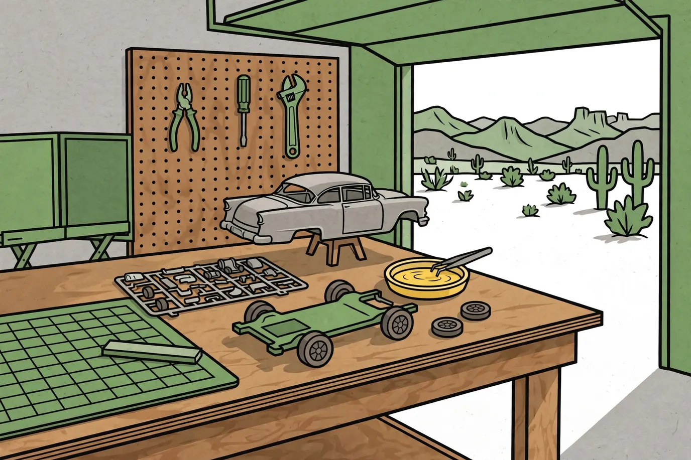 Workbench with an unpainted model car body, a chassis and wheels, a runner of parts, a dish of water with tweezers and a cutting mat.