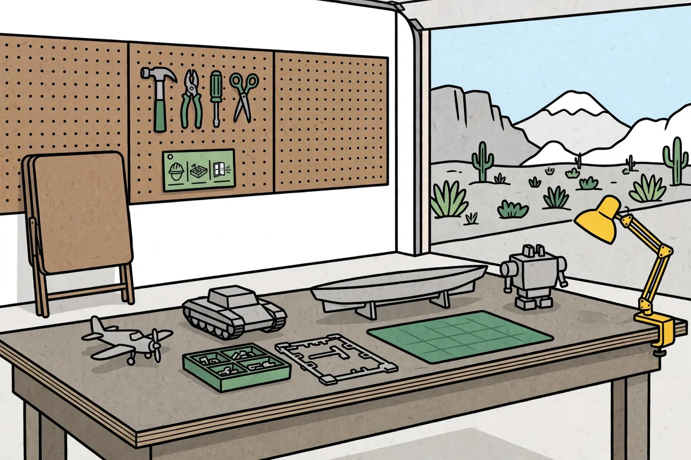 Workbench with an unpainted model airplane, tank hull, ship hull and robot torso, part frames, a parts tray, a cutting mat and a desk lamp.