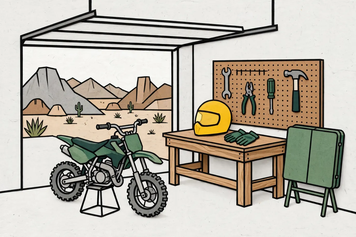 Small dirt bike on a stand in an open garage, with a motorcycle helmet and riding gloves on the workbench beside it.
